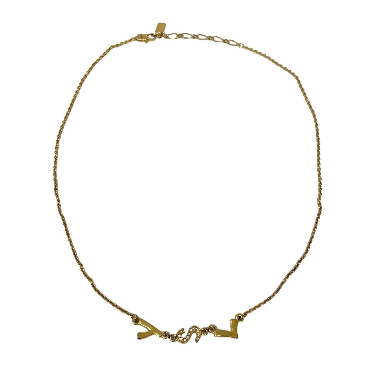 Yves Saint Laurent Vintage Necklace YSL Logo Rhinestone Chain Gold RankAB