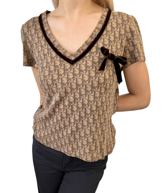 Christian Dior Vintage 2005 Trotter Monogram V-neck T-shirt #40 Top Brown Ribbon
