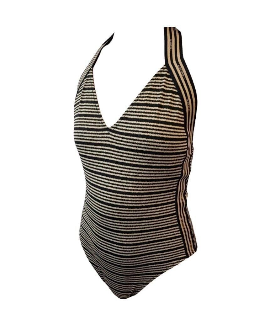 FENDI Vintage Logo Stripe Swimwear Swimsuit #42 Beige Black Nylon Rank AB