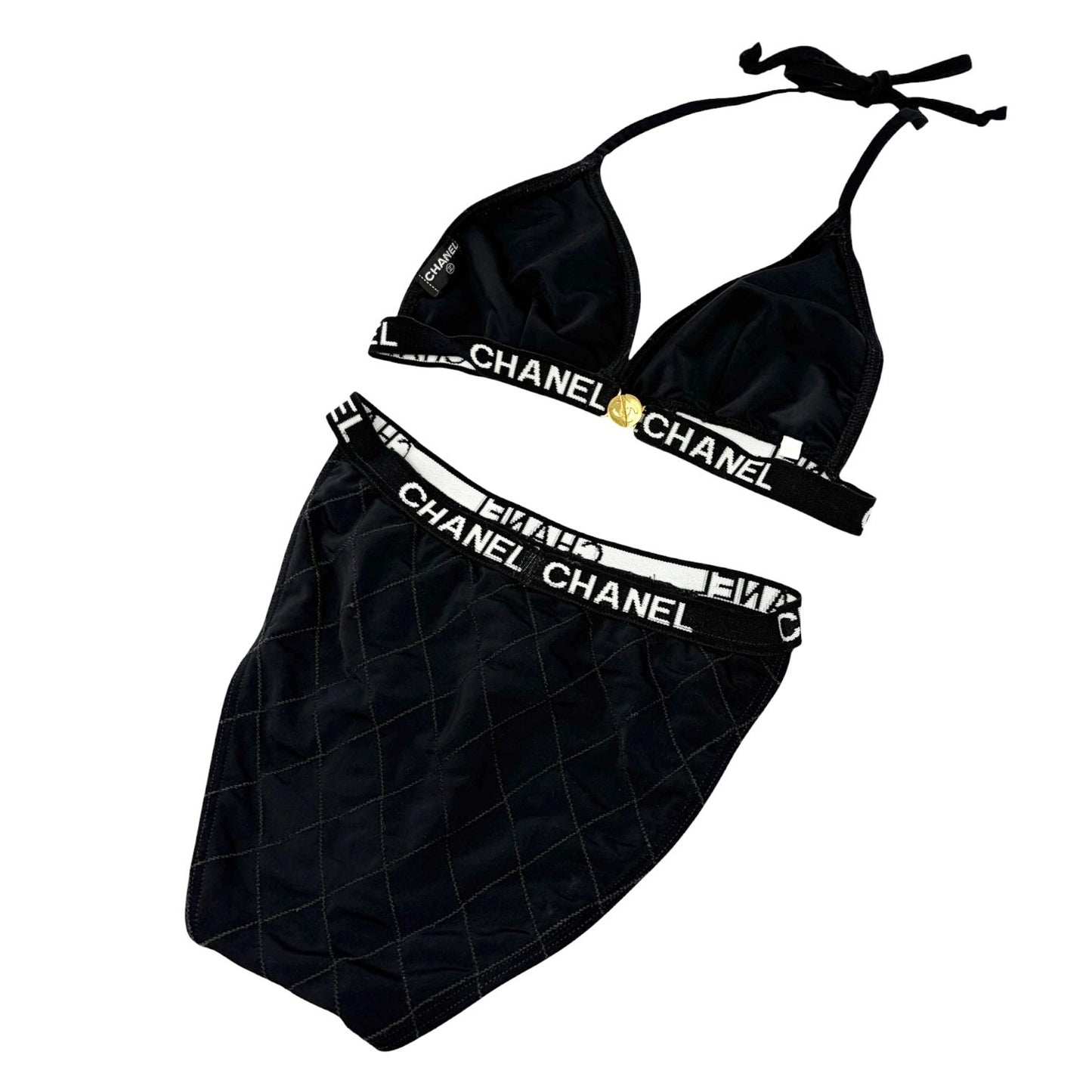 CHANEL Vintage CC Logo Swimsuit Swimwear Bikini Black White Nylon 106952