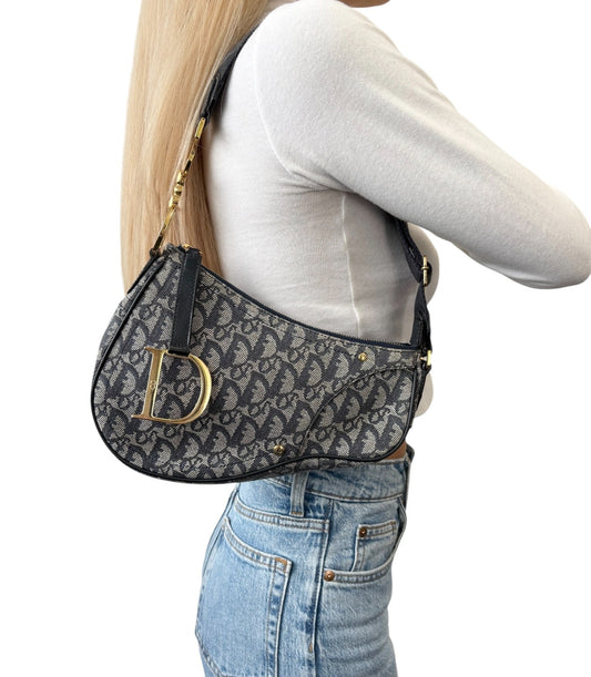Christian Dior Vintage 2004 Trotter Monogram Saddle Bag Dark Blue Gold Canvas