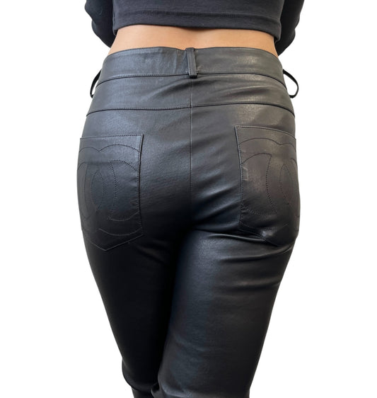 CHANEL Vintage P47479 CC Mark Logo Leather Pants #38 Button Zip Black Lambskin
