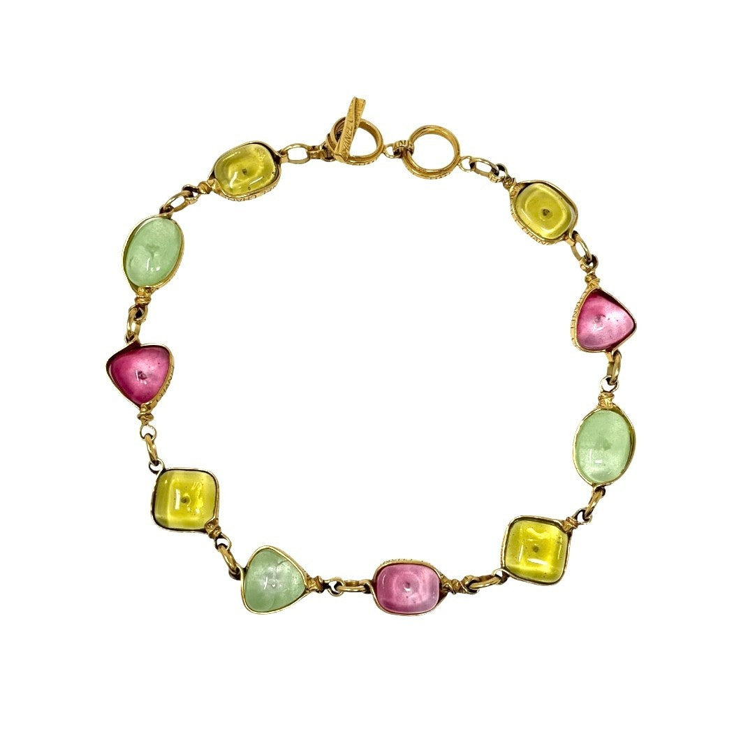 CHANEL Vintage 96P CC Logo Multicolor Glass Cabochon Necklace Gold 902238