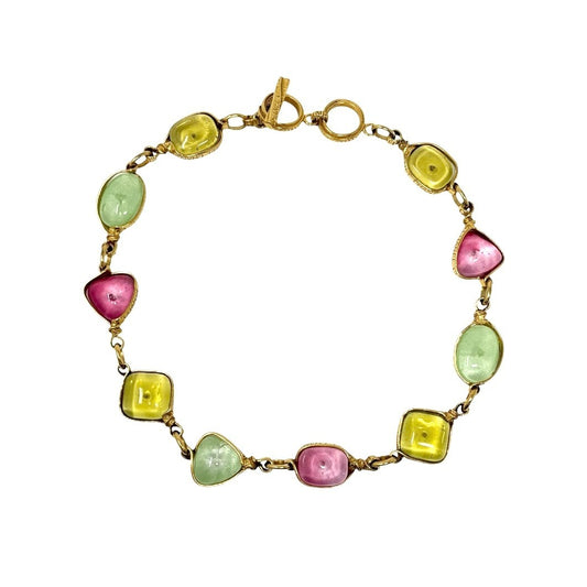 CHANEL Vintage 96P CC Logo Multicolor Glass Cabochon Necklace Gold 902238