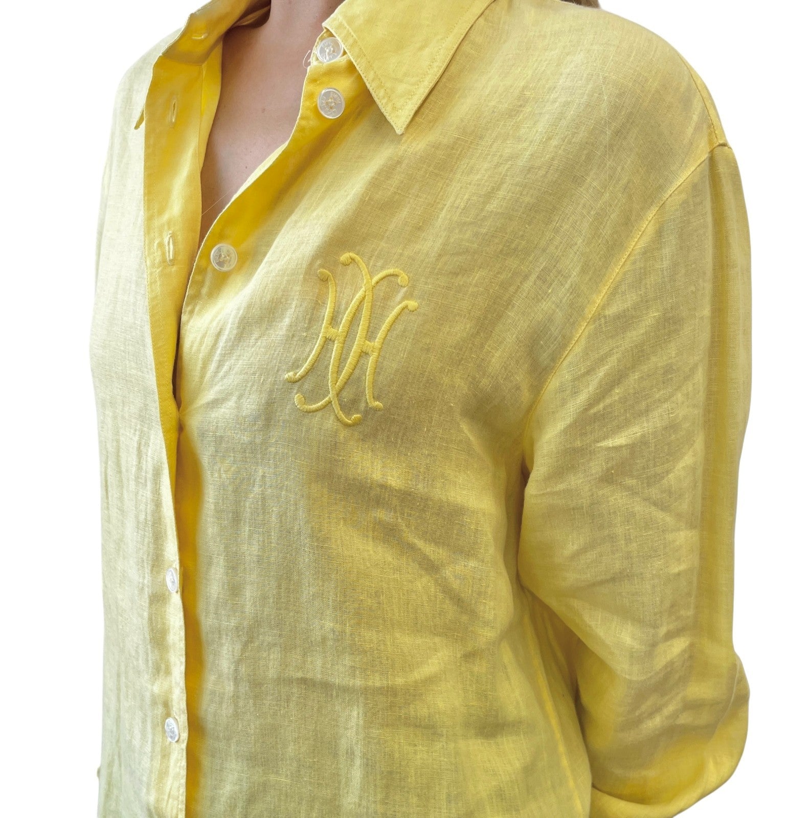 HERMES Vintage Logo Button Up Shirt Top #38 Long Sleeve Yellow White Linen