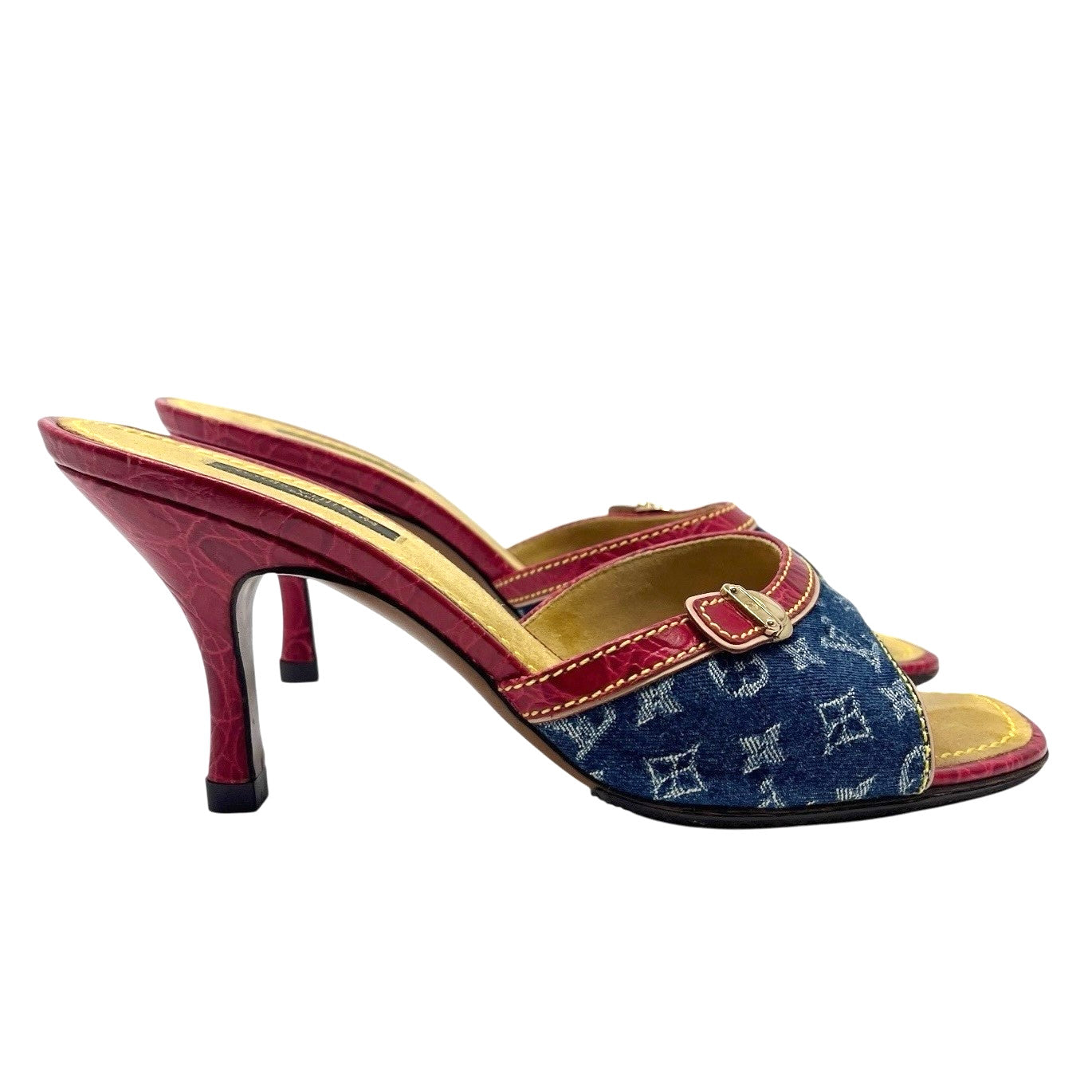 LOUIS VUITTON Vintage LV Monogram Logo Denim Sandals Heels #37-37.5 Blue Red
