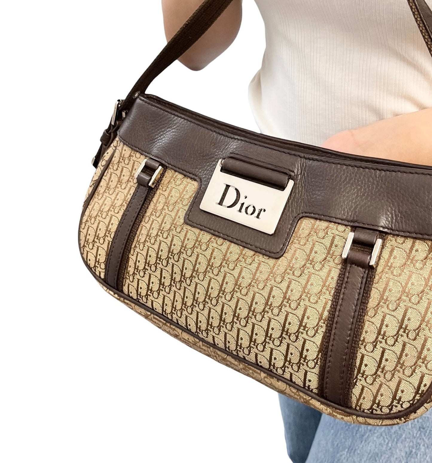 Christian Dior Vintage 2005 Street Chic Monogram Shoulder Bag Beige Brown