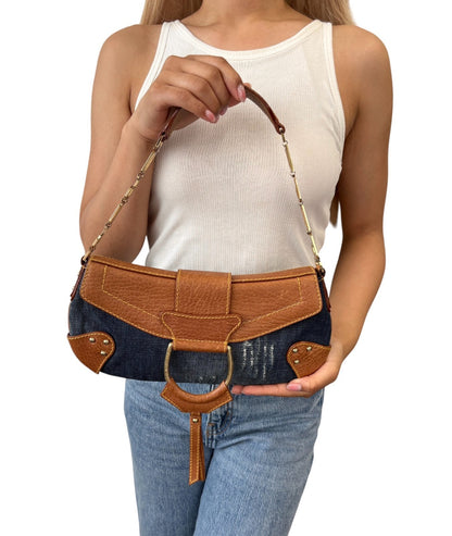 DOLCE&GABBANA Vintage Flap D-Ring Denim Shoulder Bag Blue Brown Denim 902059