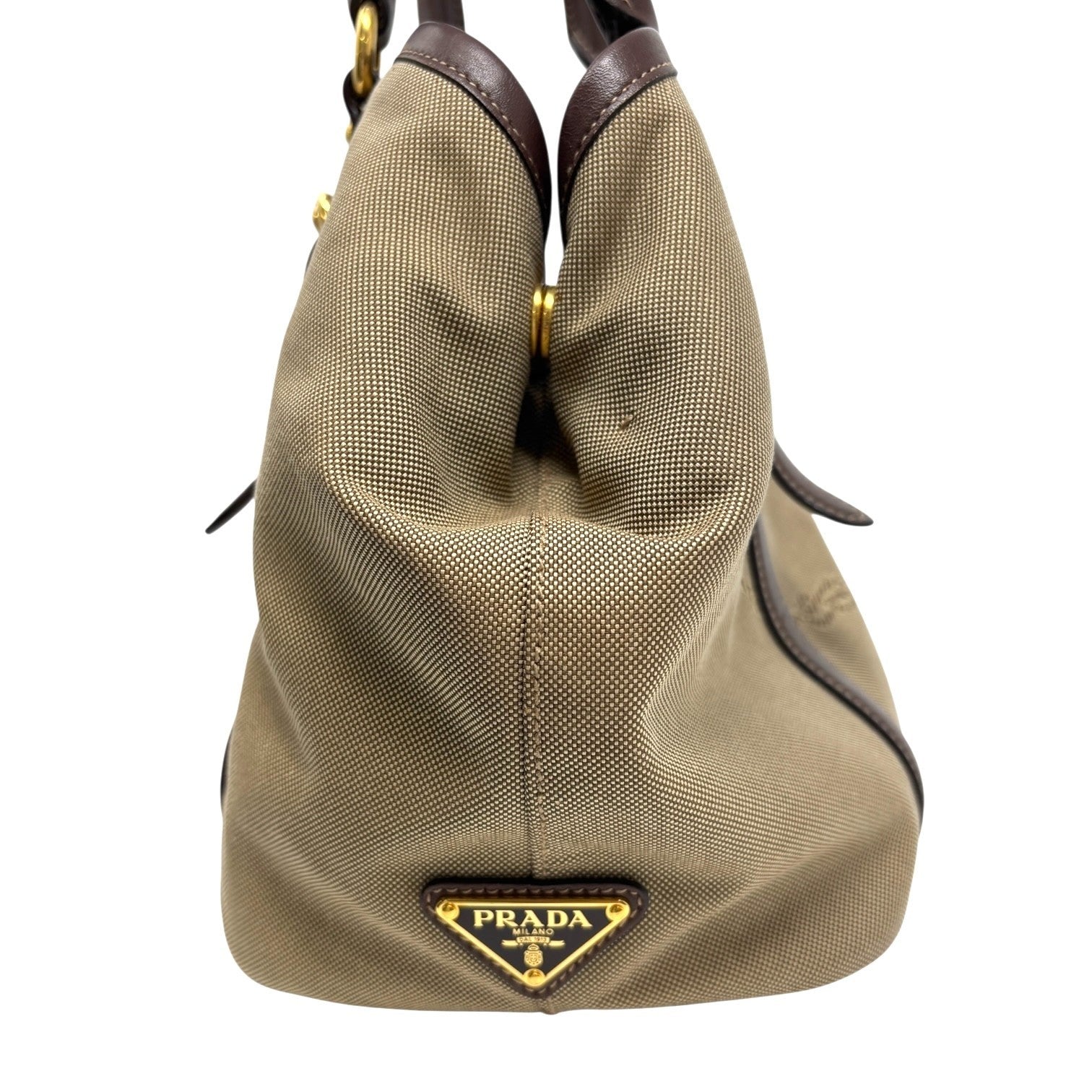 PRADA Vintage Triangle Logo Jacquard Canvas Tote Bag Handbag Khaki Dark Brown