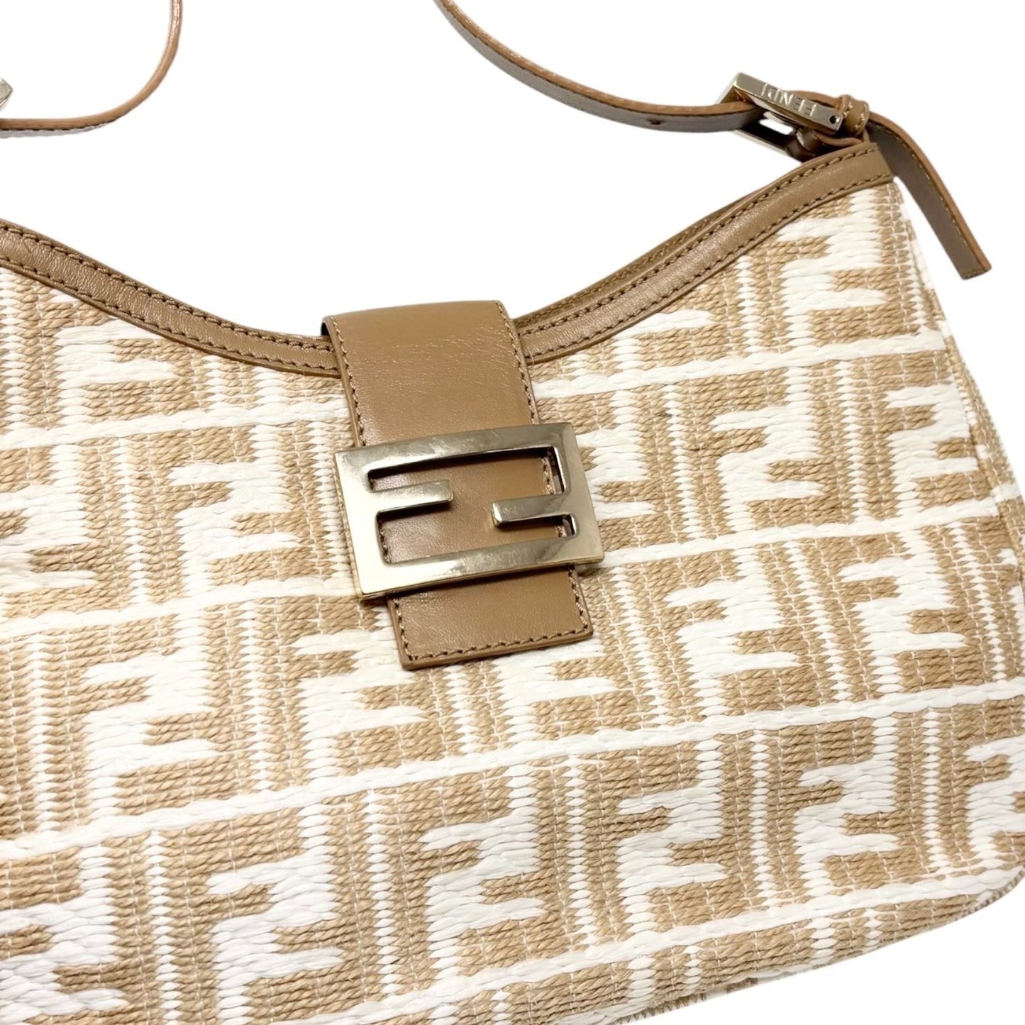 FENDI Vintage FF Logo Zucca Raffia Hobo Shoulder Bag Brown White Leather
