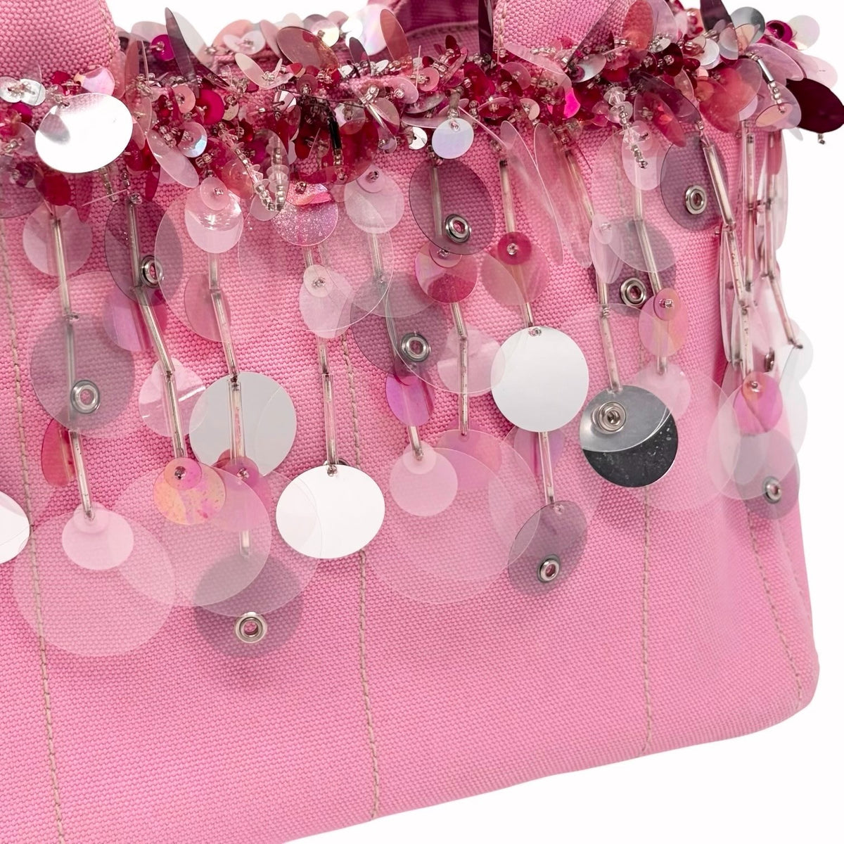PRADA Vintage Triangle Logo Canapa Sequin Beads Hand bag Pink Canvas 902371