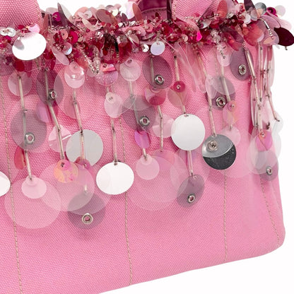 PRADA Vintage Triangle Logo Canapa Sequin Beads Hand bag Pink Canvas 902371