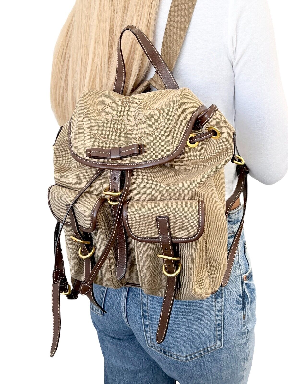 PRADA Vintage Logo Jacquard Backpack Brown Gold Canvas Leather Magnetic Zip