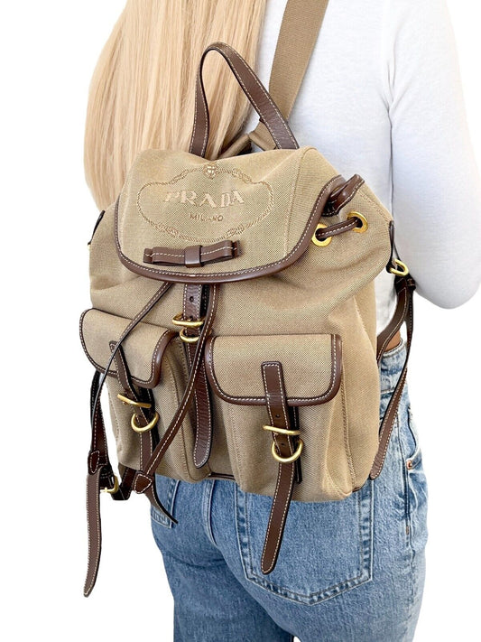 PRADA Vintage Logo Jacquard Backpack Brown Gold Canvas Leather Magnetic Zip