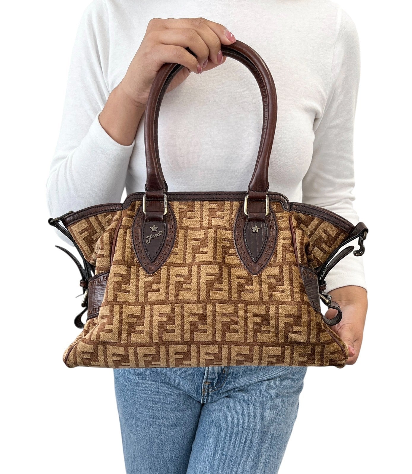 FENDI Vintage FF Logo Zucca Etniko Shoulder Bag Brown Gold Velour Leather