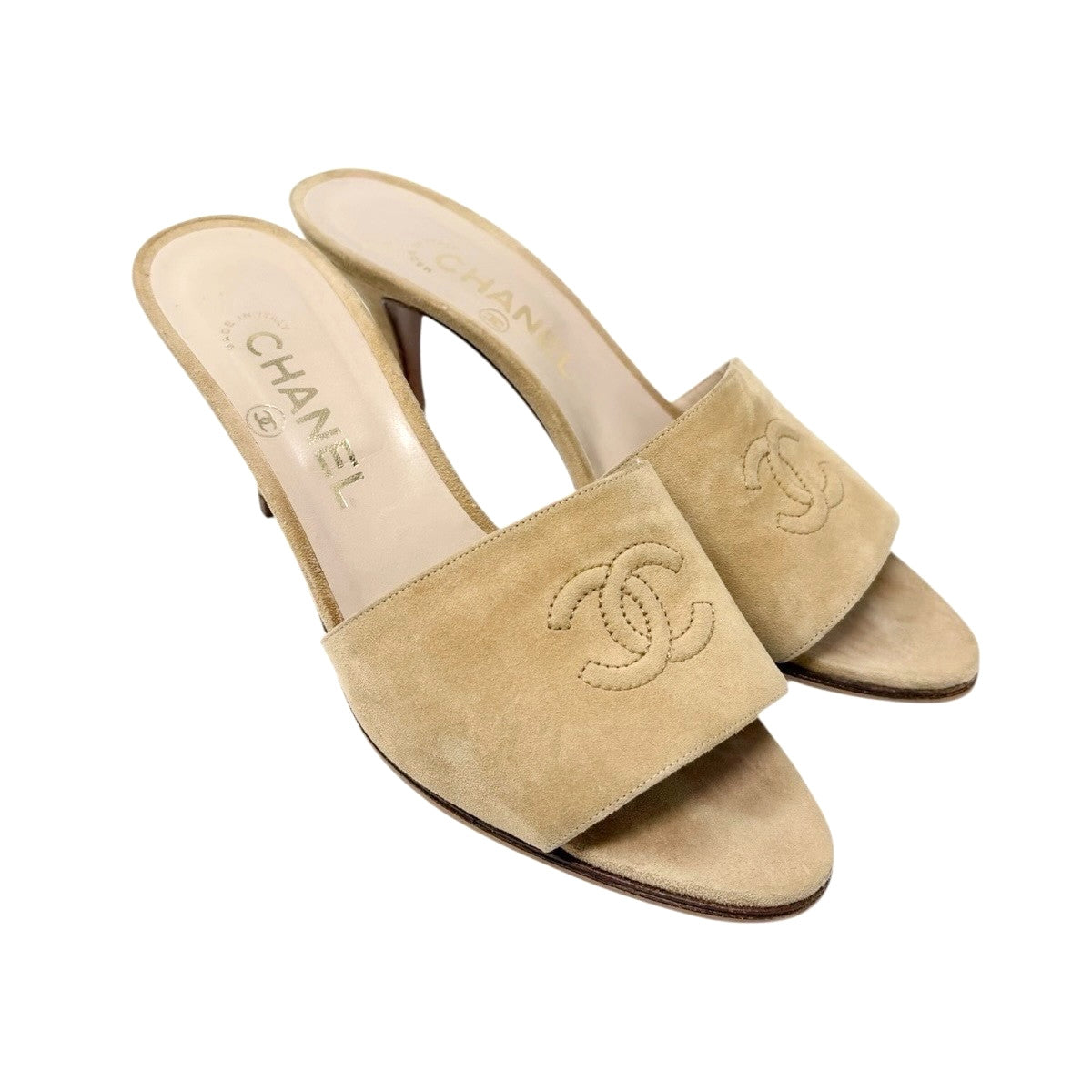 CHANEL Vintage CC Mark Logo Heels Mules #38 Sandals Beige Suede Leather