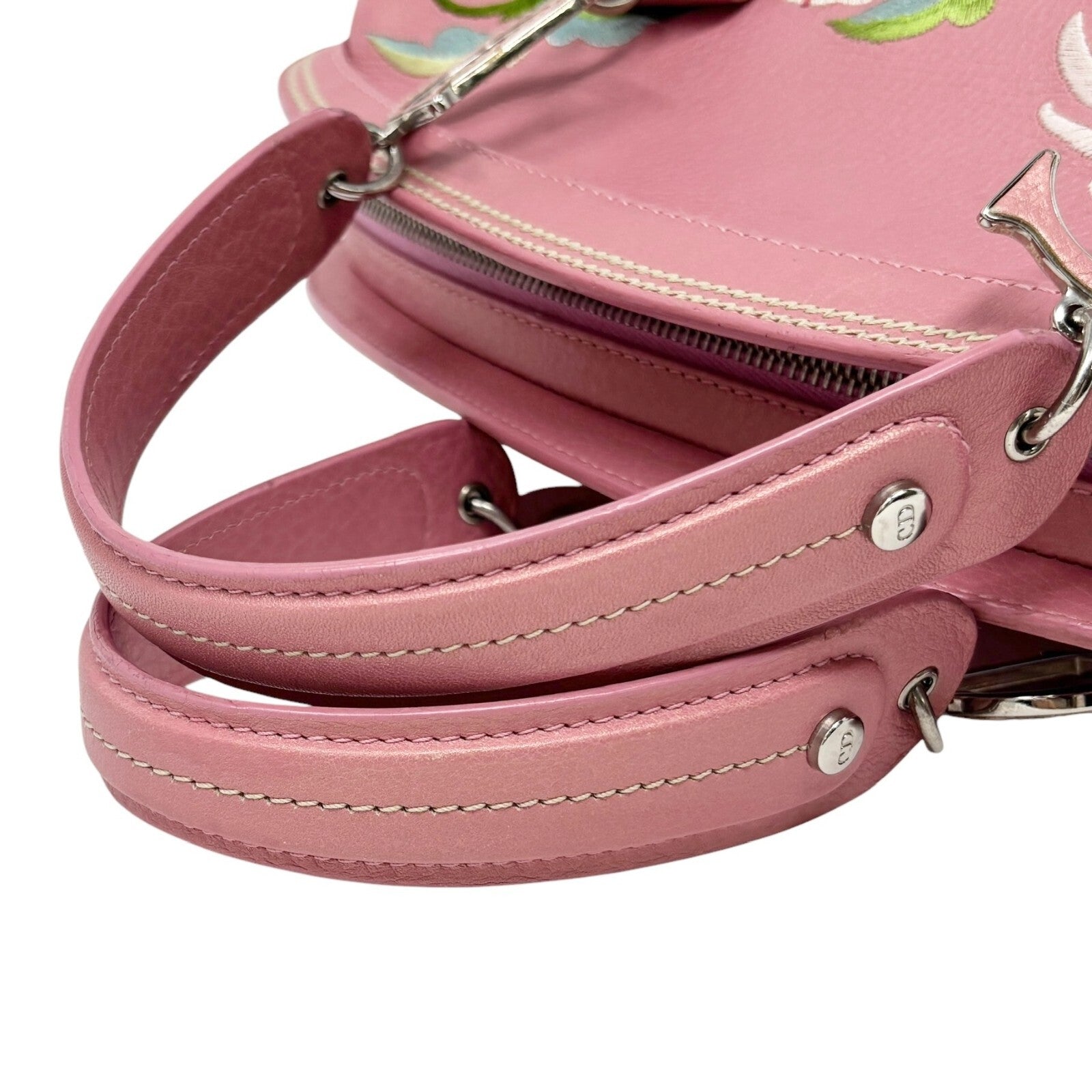 Christian Dior Vintage 2005 Logo Embroidered Mini Boston Bag Pink Silver Leather