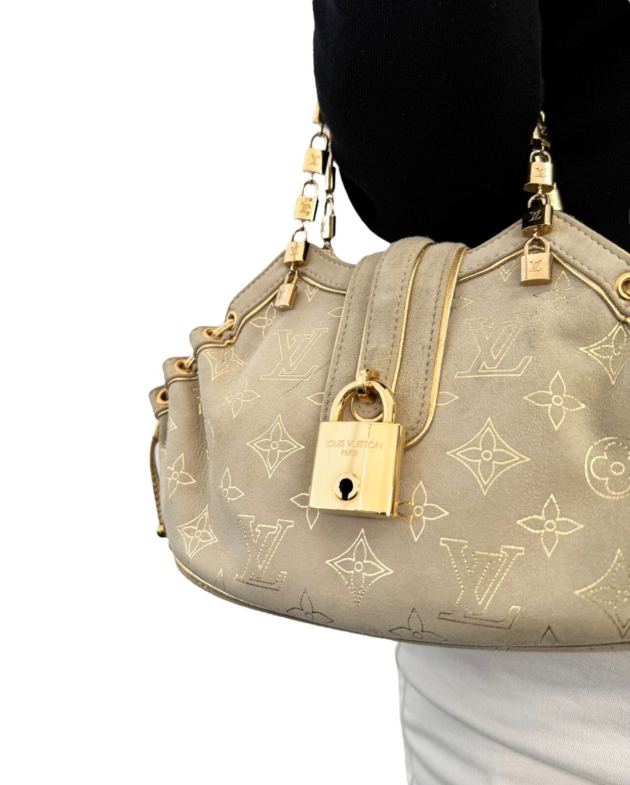 LOUIS VUITTON Vintage LV Monogram Extraordinary Theda Mini Bag Beige Gold Suede
