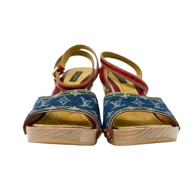 LOUIS VUITTON Vintage Logo Monogram Sandals Heels #36.5 Blue Red Leather