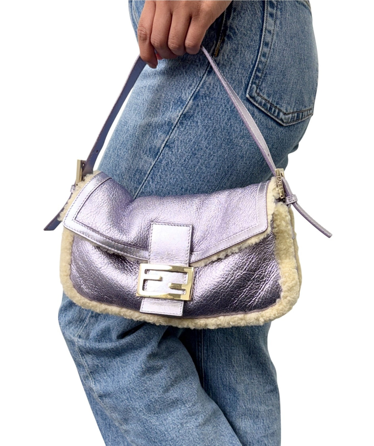 FENDI Vintage Mamma Baguette Metallic Shearling Shoulder Bag Purple 902830