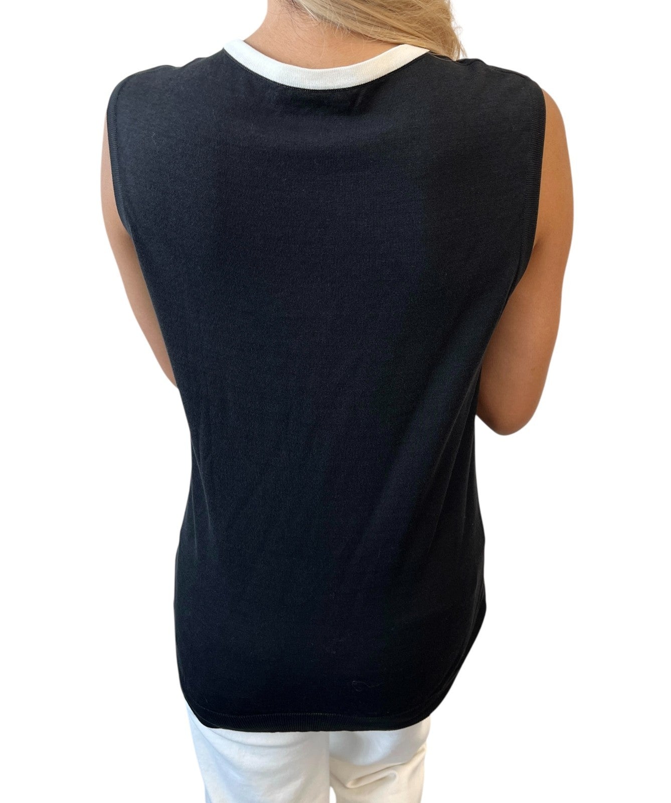 CHANEL Vintage 96P CC Mark Logo Knit Tank Top #38 Black White Cotton Sleeveless
