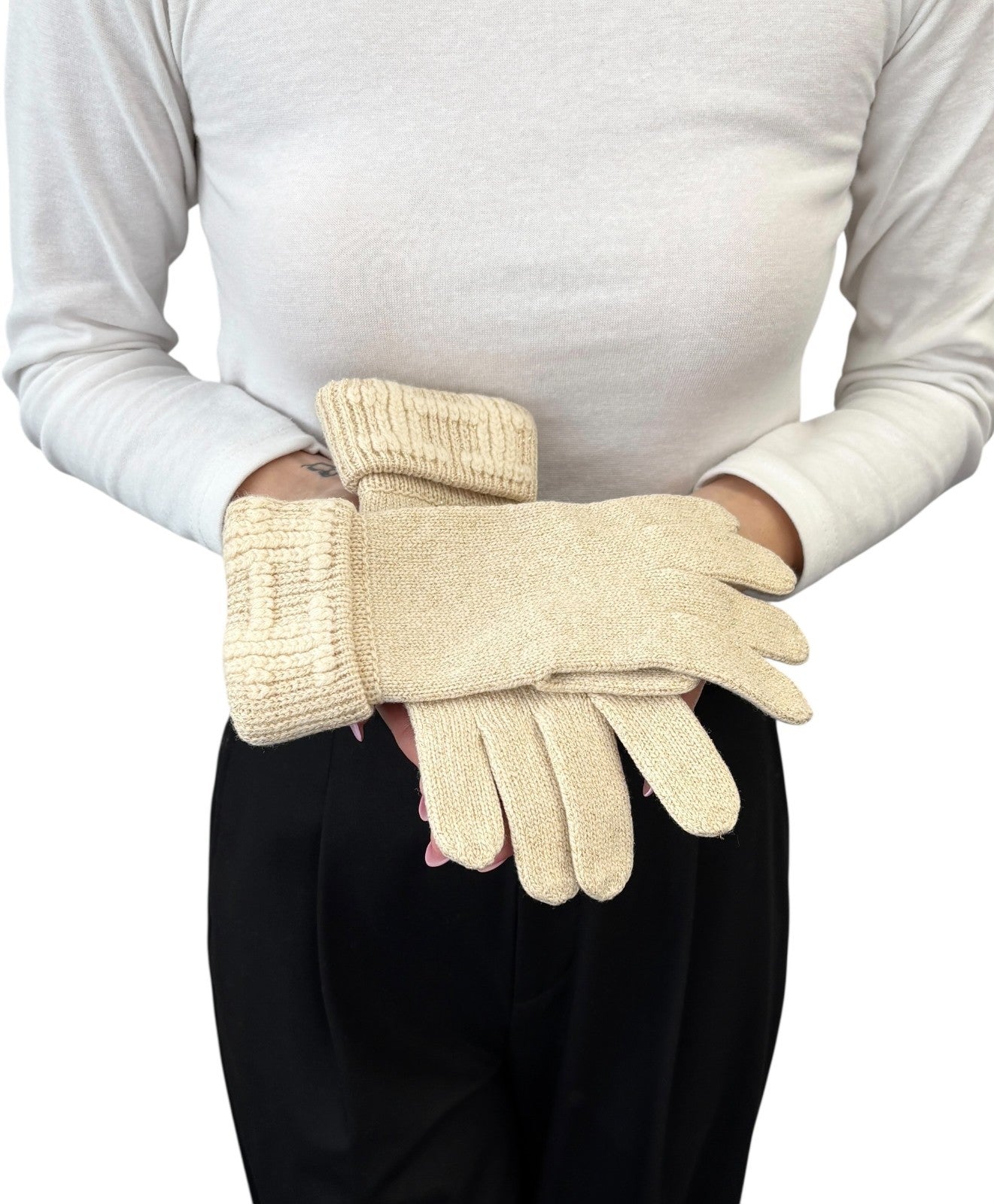 HERMES Vintage H Logo Embroidery Cashmere Ribbed Knit Gloves Glitter Beige Gold