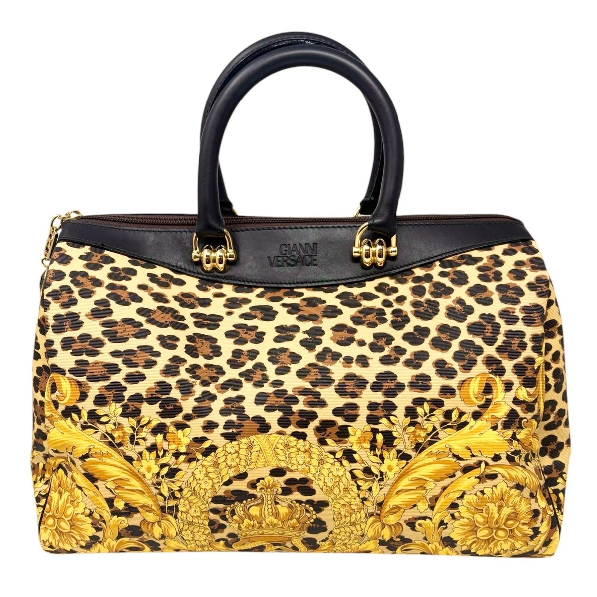 VERSACE Vintage Logo Leopard Baroque Crown Satchel Bag Yellow Black 902314