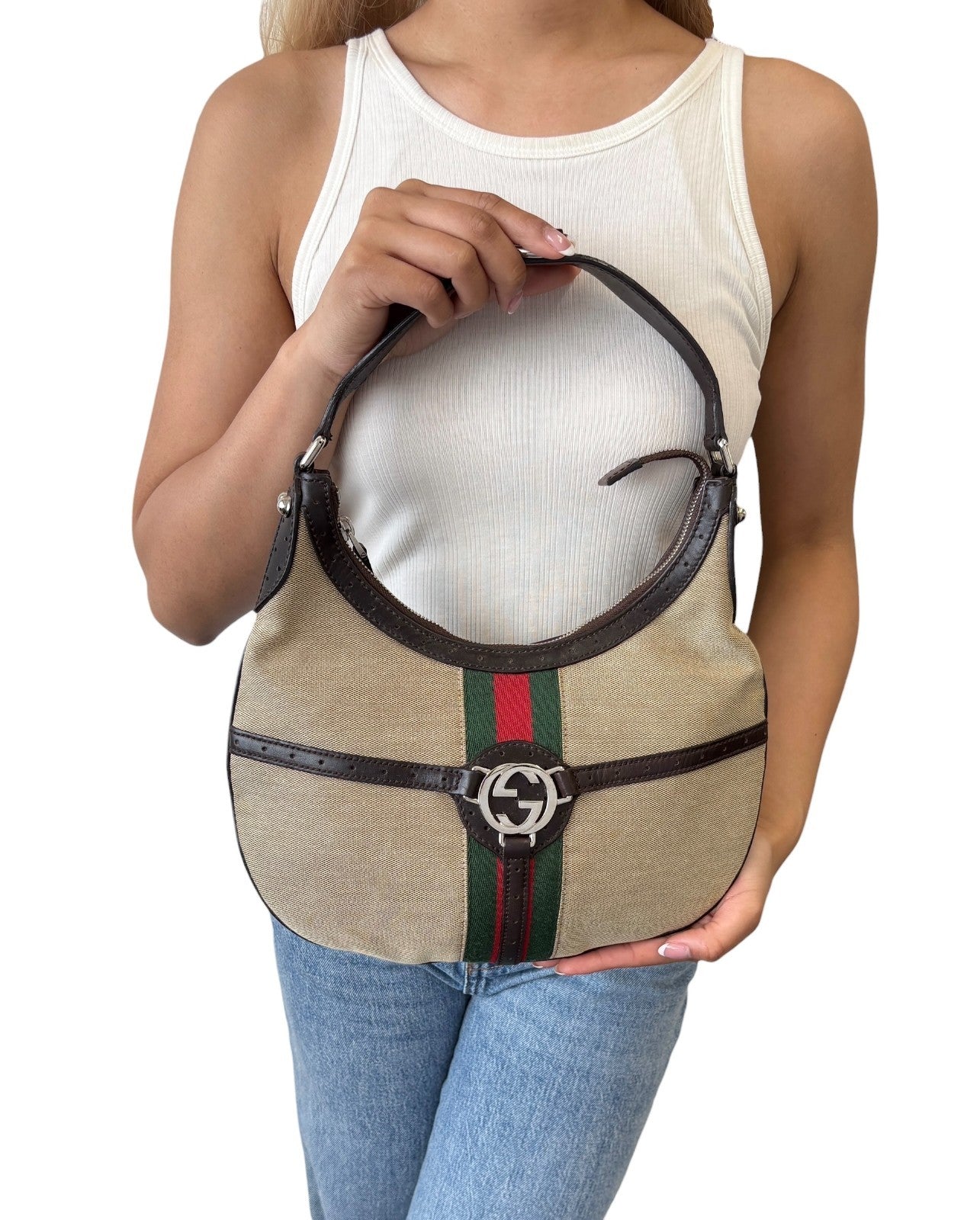 GUCCI Vintage Web Stripe Interlocking GG Logo Canvas Hobo Bag Beige 902206