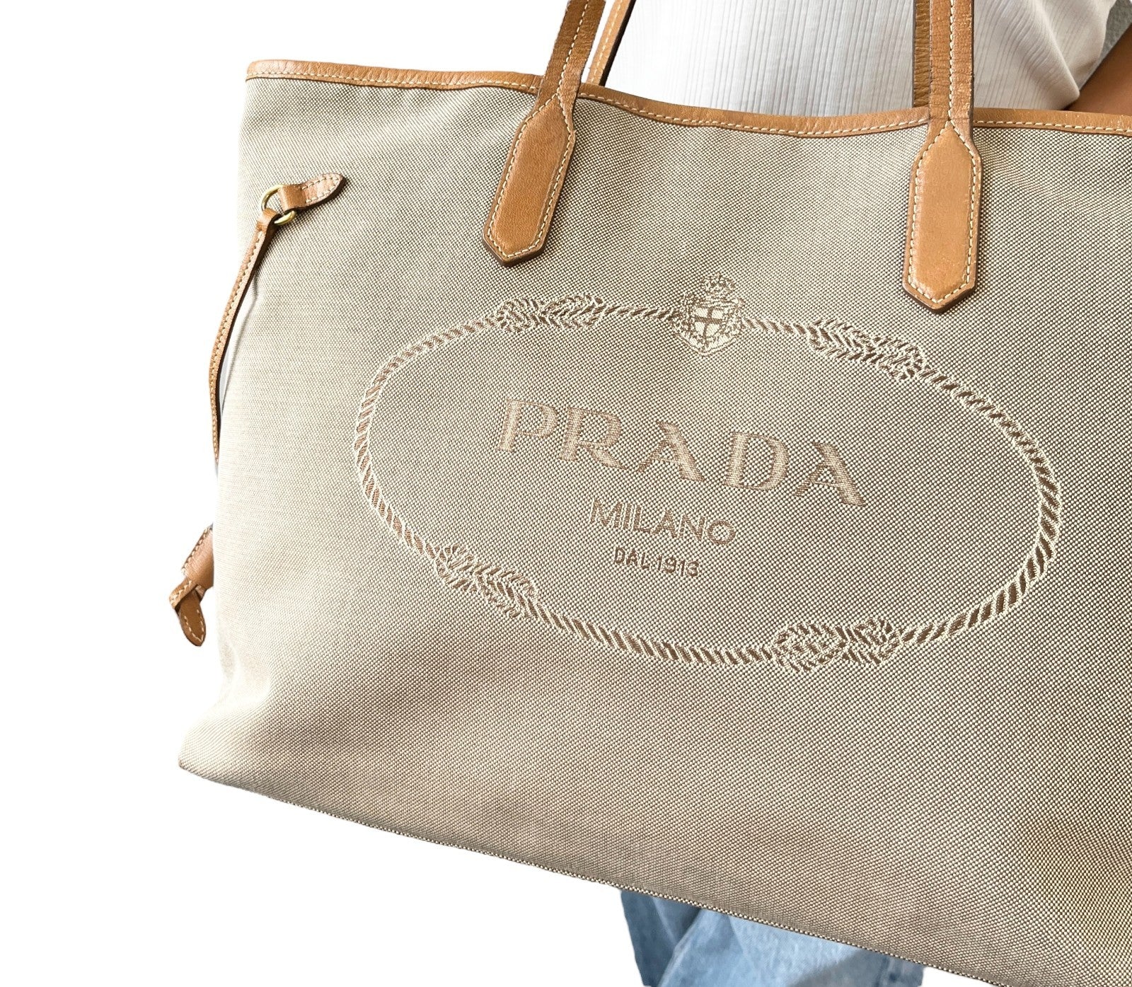 PRADA Vintage Logo Jacquard Shoulder Tote Bag Beige Brown Canvas Leather