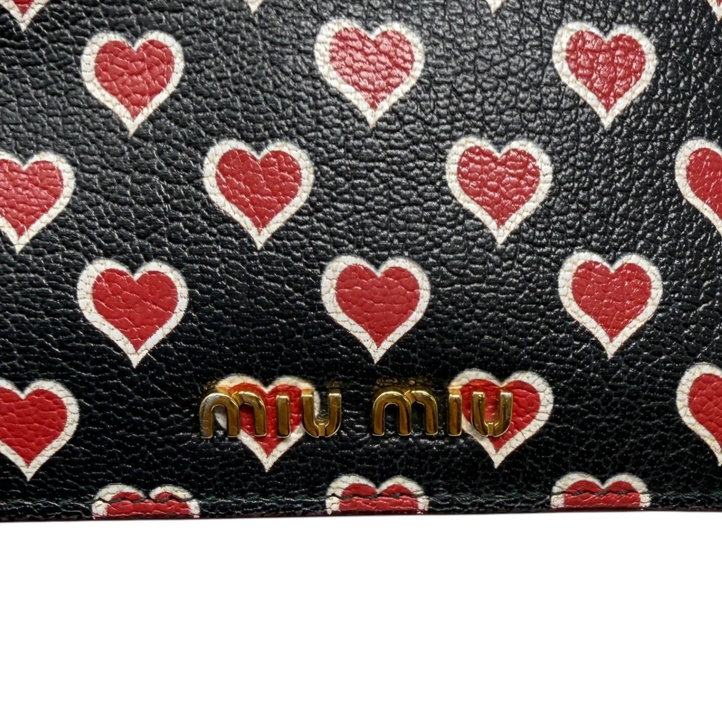 miumiu Vintage Logo Heart Print Mini Bifold Wallet Black Red Leather 901983