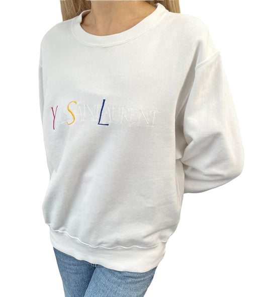 Yves Saint Laurent Vintage YSL Logo Sweatshirt Top #M White Cotton Long Sleeve