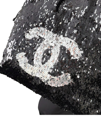 CHANEL Vintage CC Logo Sequins Chain Shoulder Bag Black Silver Leather 902476