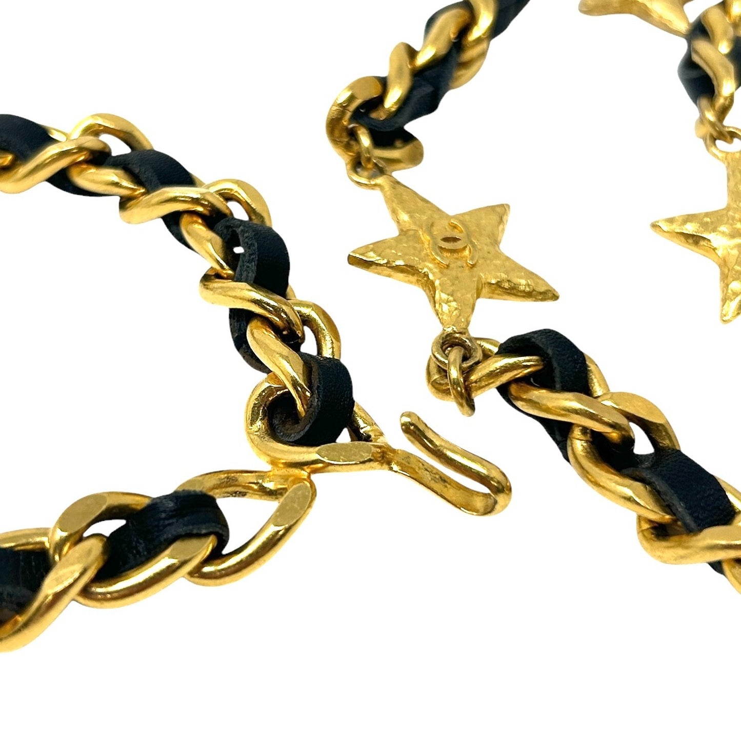 CHANEL Vintage 95A CC Logo Chain Belt Gold Black Leather Metal Star Accessory