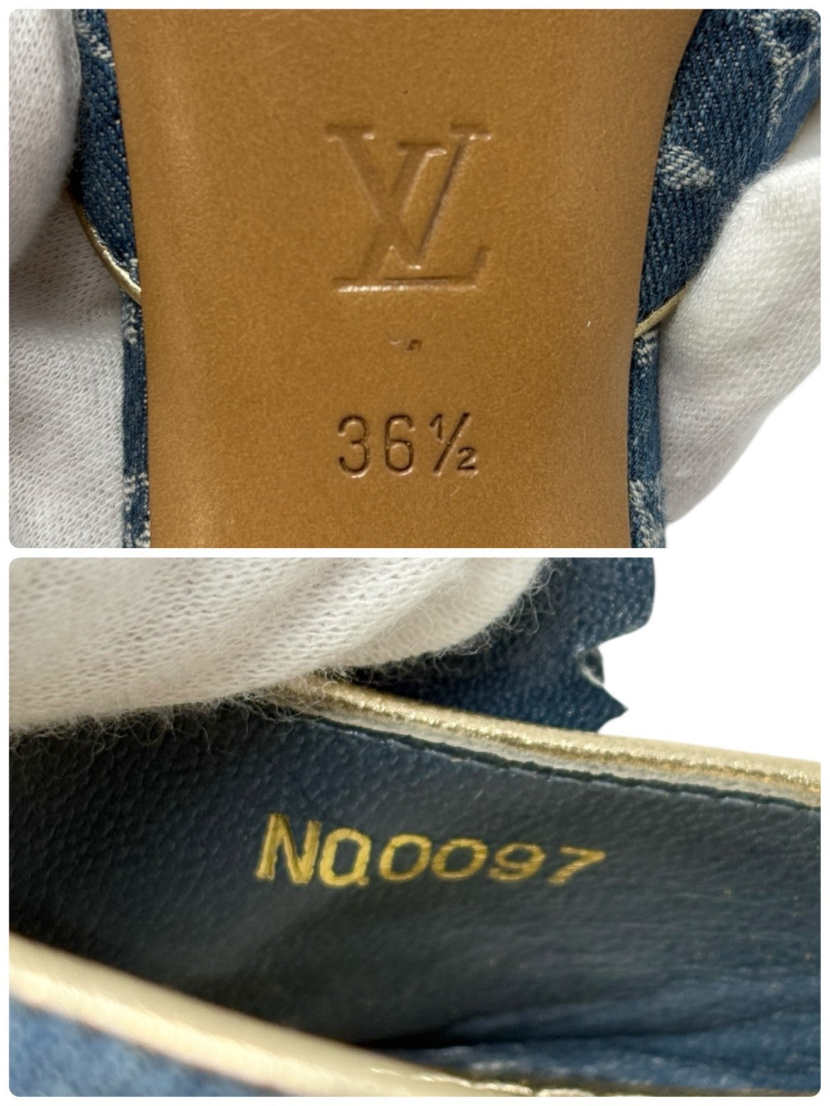 LOUIS VUITTON Vintage Monogram Denim Heels Sandals #36.5 Blue Gold Corsage