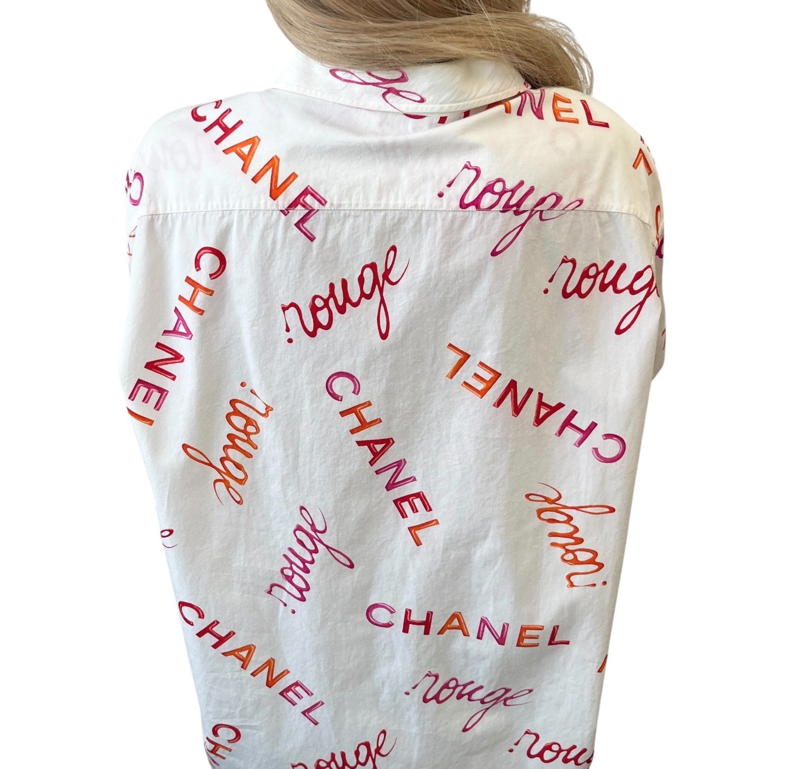 CHANEL Vintage 96P Logo Button Up Shirt Rouge Long Sleeve White Pink Cotton