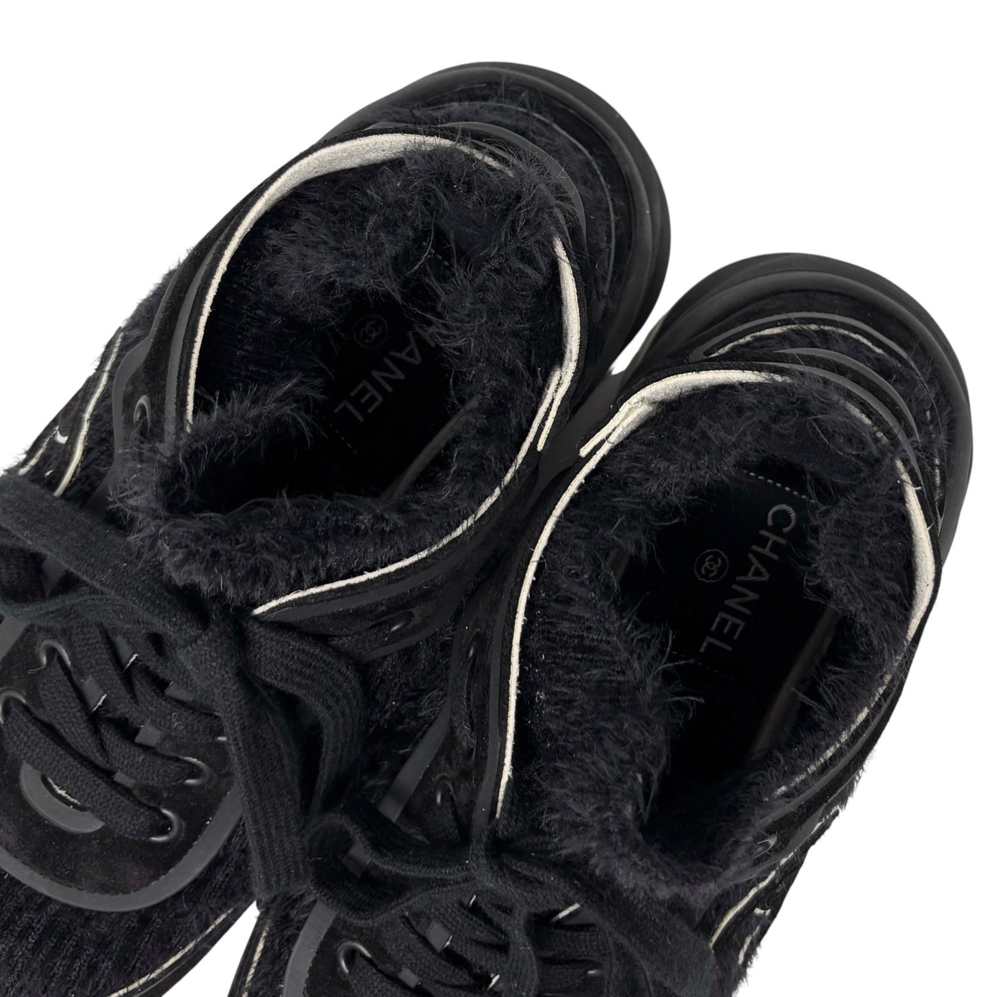 CHANEL Vintage G35202 CC Logo Socks Sneakers #37 Shoes Black White Suede