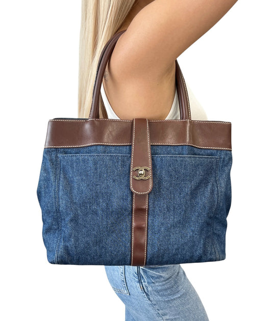 CHANEL Vintage CC Logo Denim Turnlock Tote Shoulder Bag Blue Brown Leather