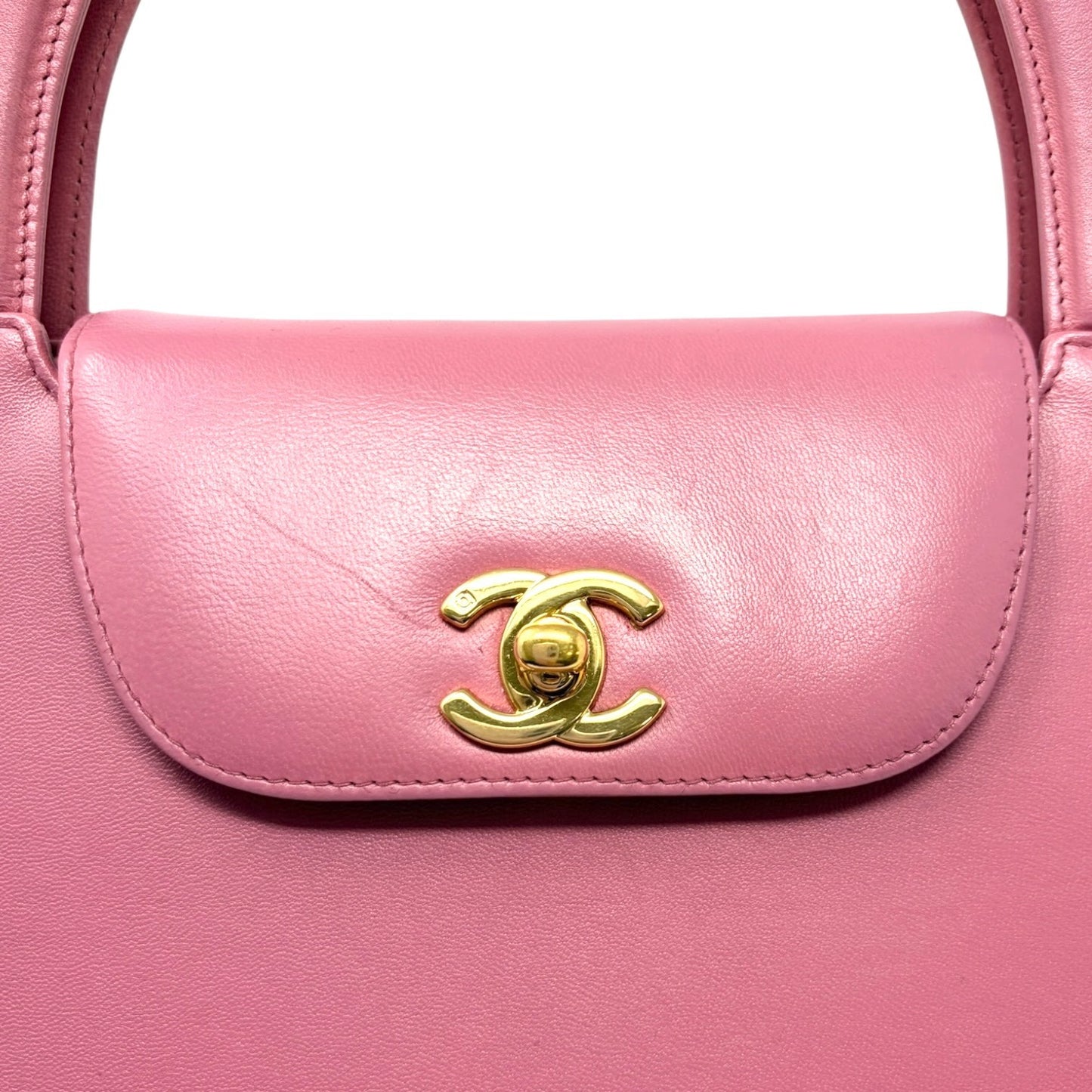 CHANEL Vintage CC Logo Turnlock Top Handle Flap Bag Pink Gold Leather Handbag