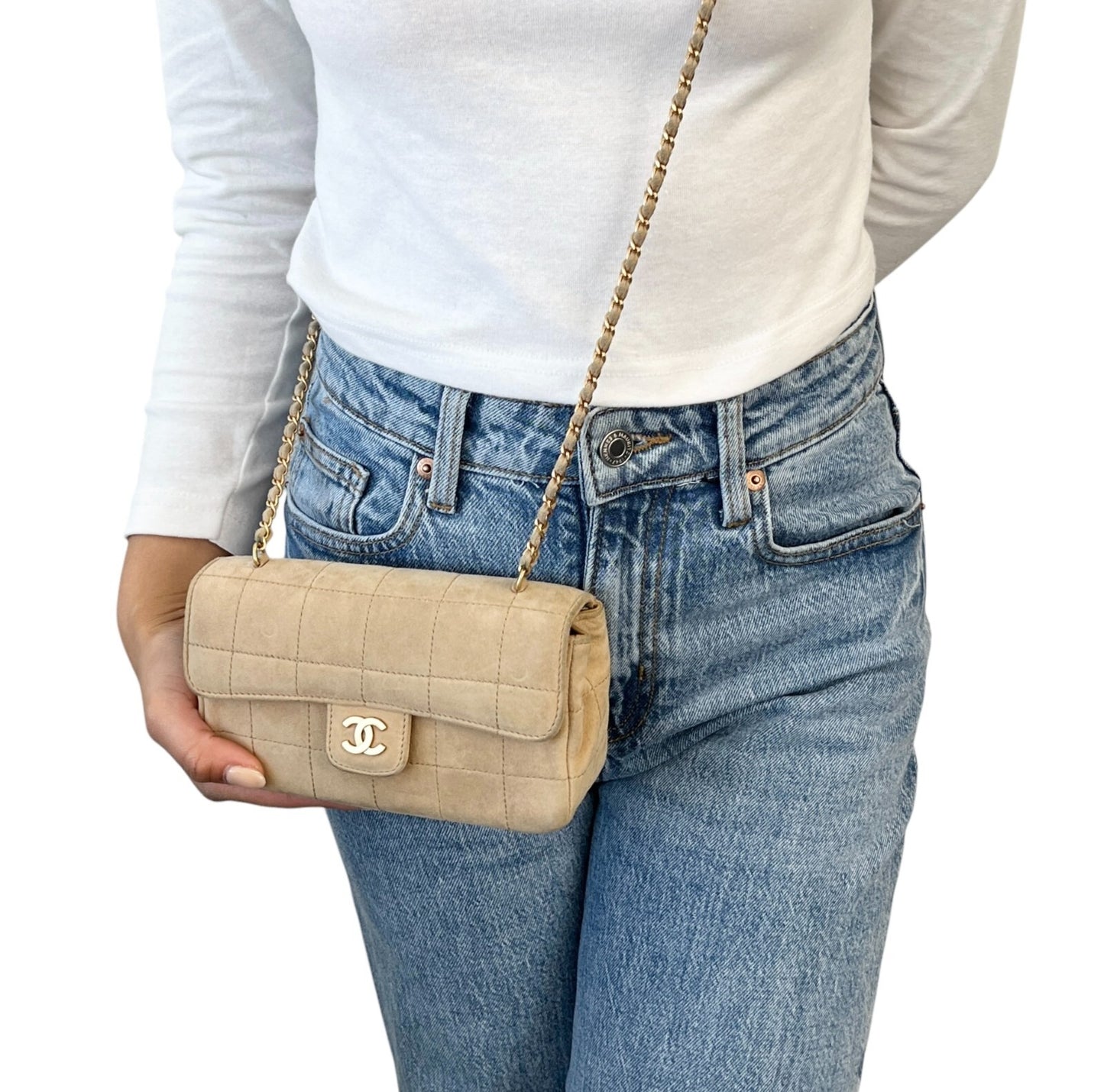 CHANEL Vintage CC Logo Chocolate Bar Crossbody Bag Chain Beige Gold Suede