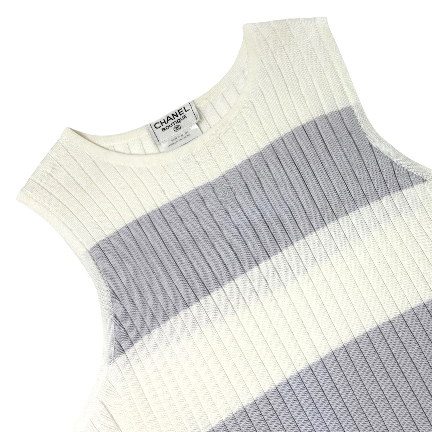 CHANEL Vintage 98P CC Mark Logo Knit Tank Top #44 White Purple Cotton