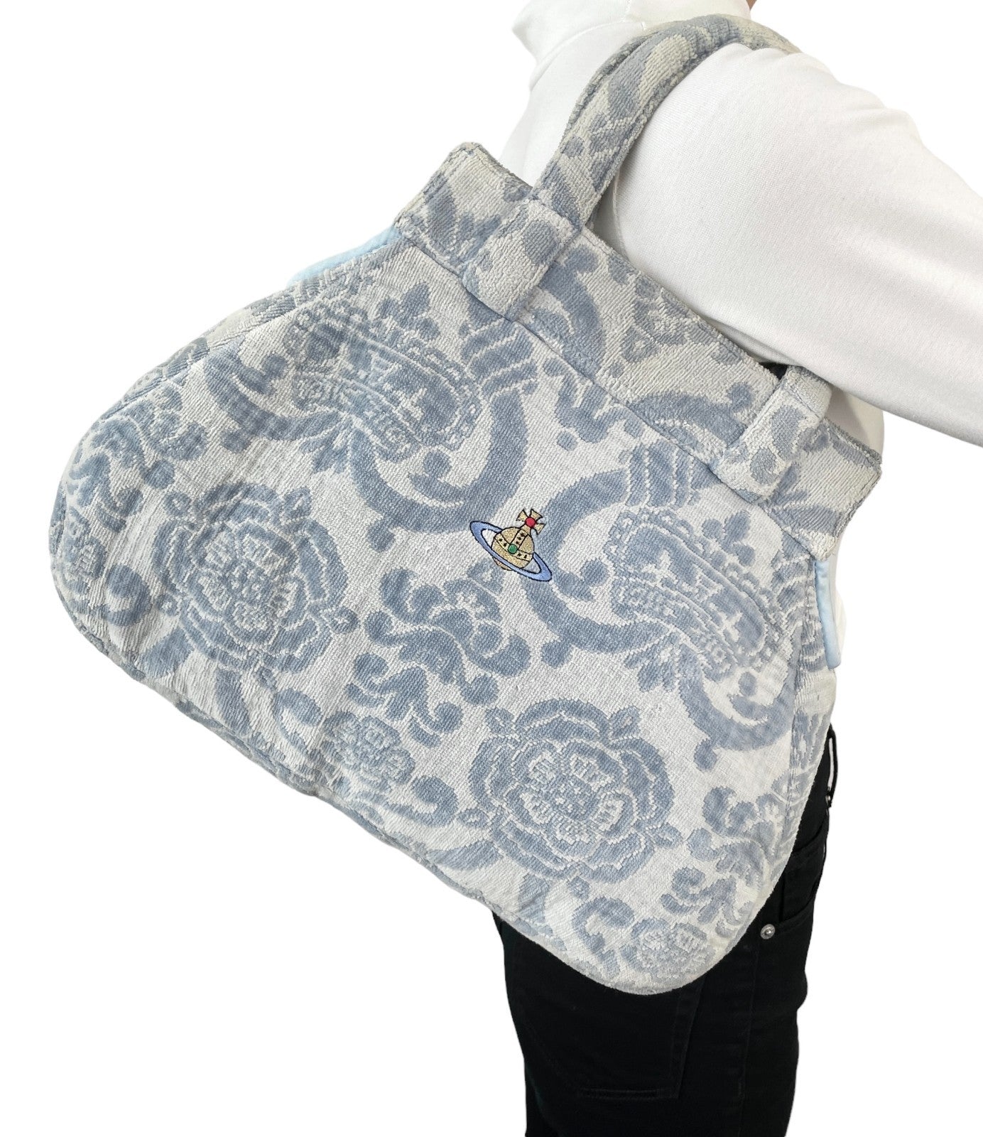 Vivienne Westwood Vintage Orb Logo Terry Cloth Tote Bag Light Blue Cotton