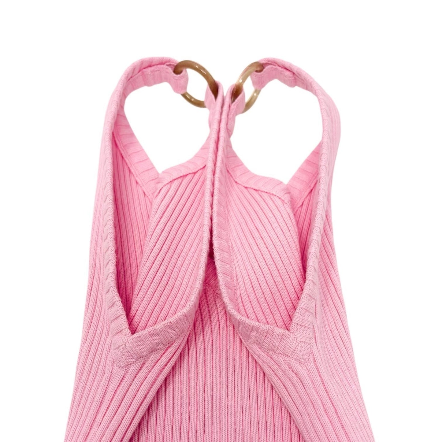 CHANEL Vintage 01C CC Logo Knit Rib Tank Top #42 Gold Rings Pink Cotton