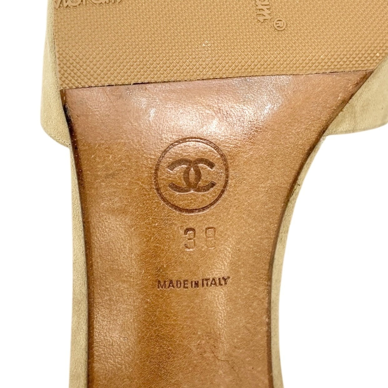 CHANEL Vintage CC Mark Logo Heels Mules #38 Sandals Beige Suede Leather