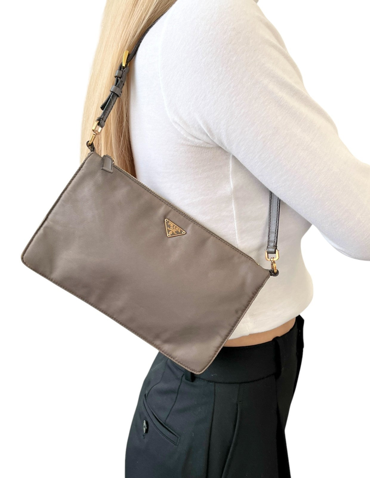 PRADA Vintage Logo Mini Shoulder Bag Pochette Pouch Taupe Gold Nylon 902436