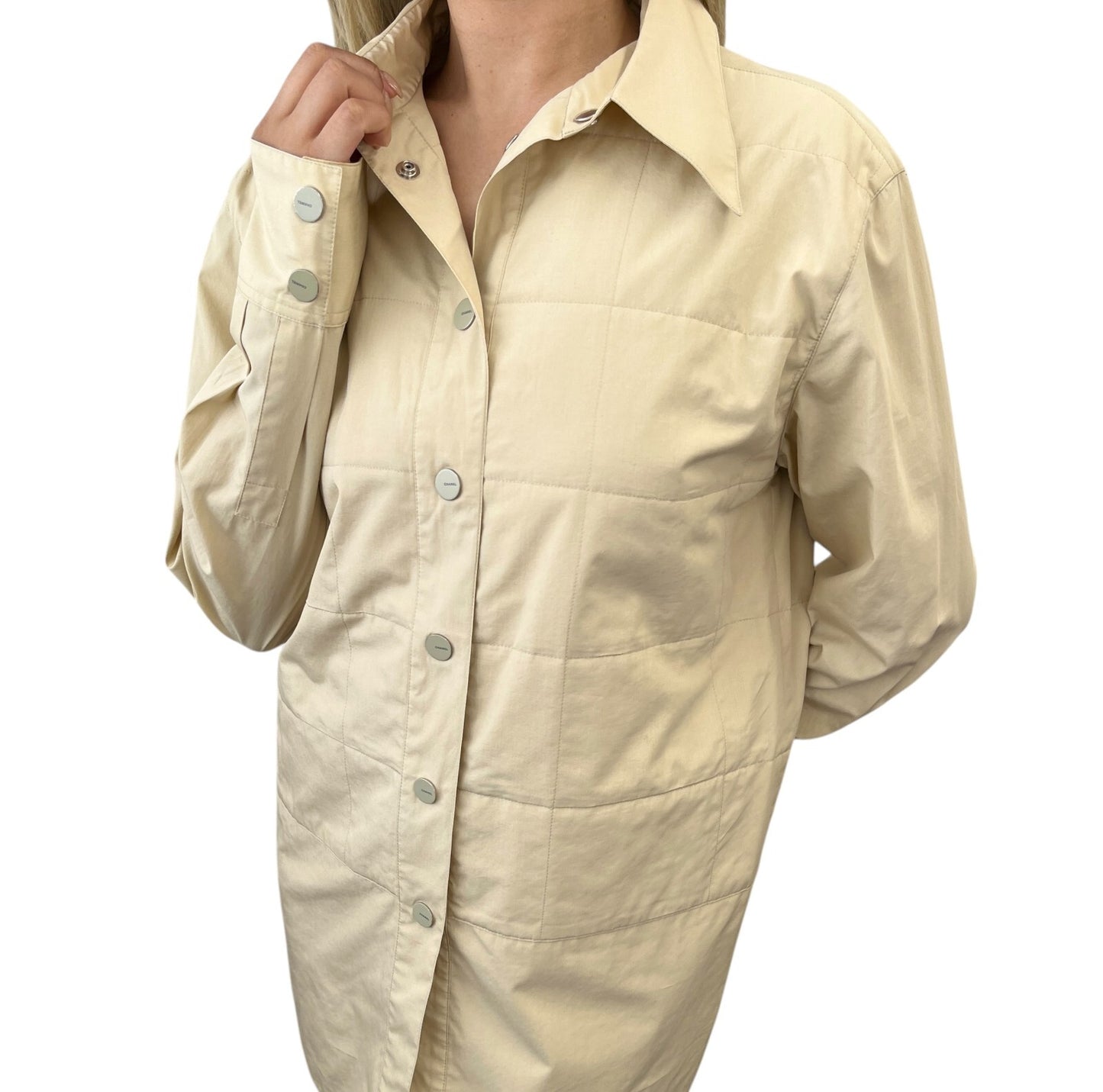 CHANEL Vintage Logo Button Shirt Blouse Long Sleeve Top Cream Cotton Quilting