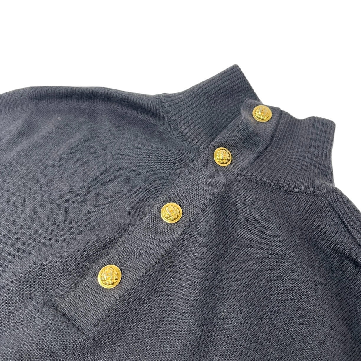 CHANEL Vintage CC Logo Turtleneck Sweater Top #36 Gray Gold Button Wool RankAB+