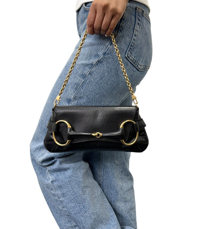 GUCCI Vintage Horsebit Chain Mini Shoulder Bag Leather Black Gold 902408