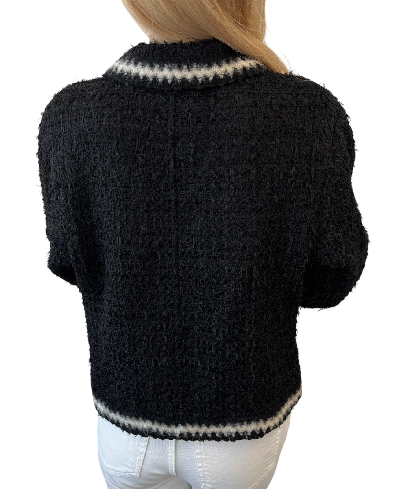 CHANEL Vintage 98A CC Mark Logo Button Tweed Jacket #38 Black White Wool