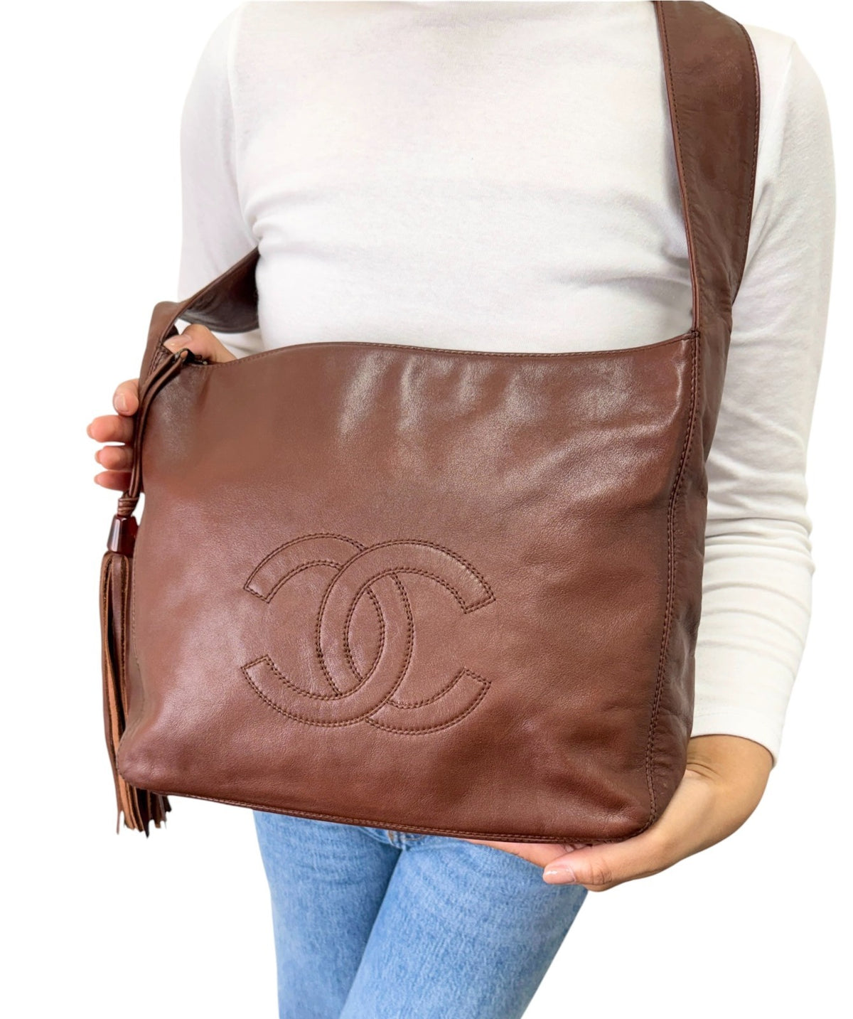 CHANEL Vintage CC Logo Stitch Tassel Shoulder Crossbody Bag Brown 902921