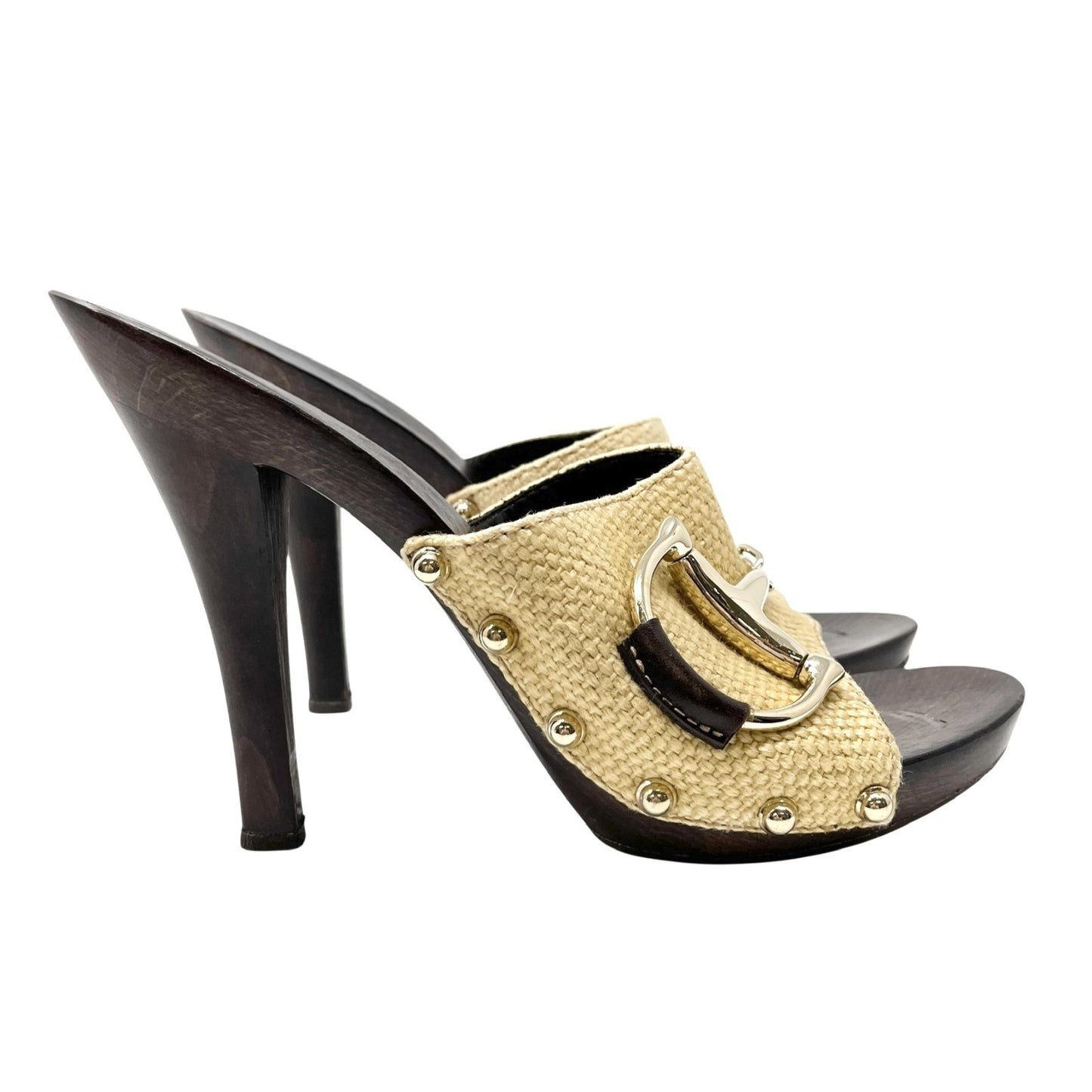 GUCCI Vintage Logo Horsebit Sandals Heels #36.5 Beige Brown Silver Cotton Wood